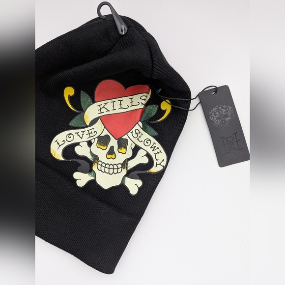 NWT Ed Hardy Adult Black "Love Kills Slowly" Skull Beanie/Chook/Tuque - Picture 2 of 9